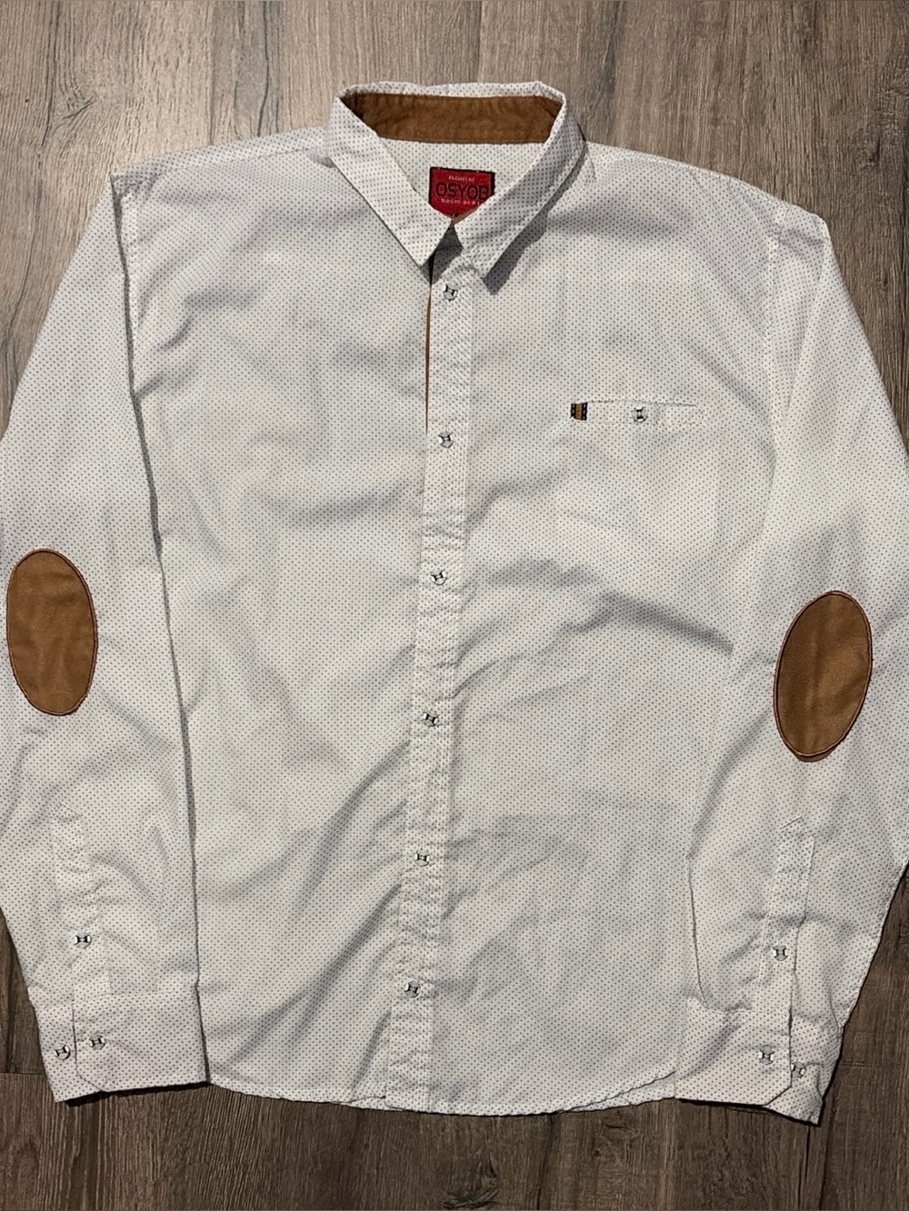 OSYOB Polka Dot Button Down Shirt with Elbow Patches Large